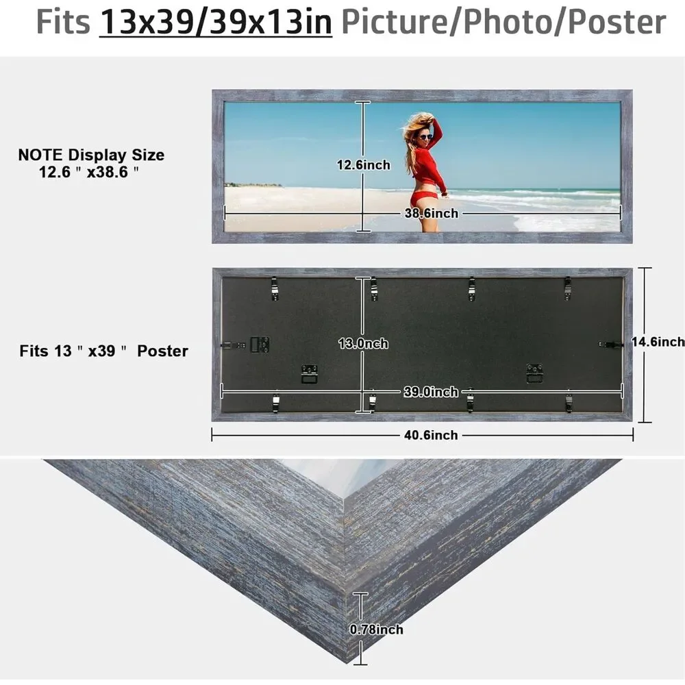 13x39 Frame Rustic Blue, Picture Poster Frame, Horizontal or Vertical Hanging